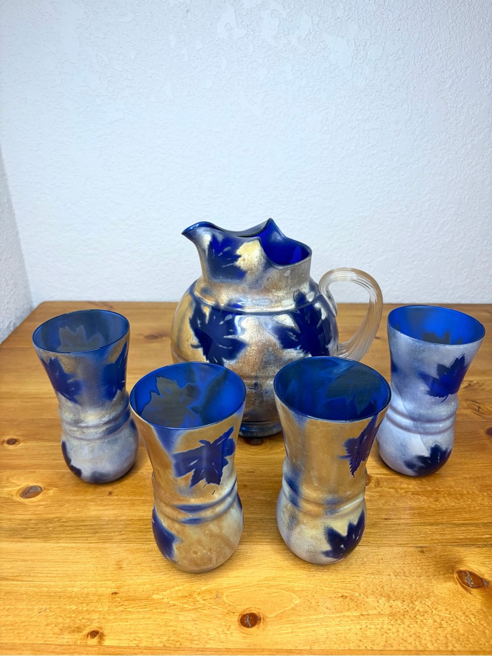 Vintage Cobalt Blue Frosted Glass Pitcher Leaf Foliage With Four Tumblers Set